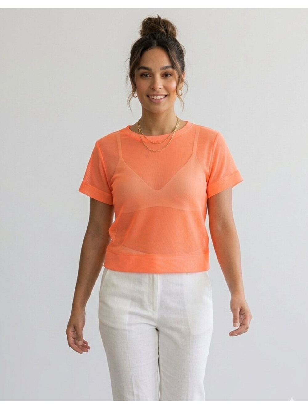 AYR Orange Mesh Crew Neck T-Shirt Size M Medium Polyester Sheer